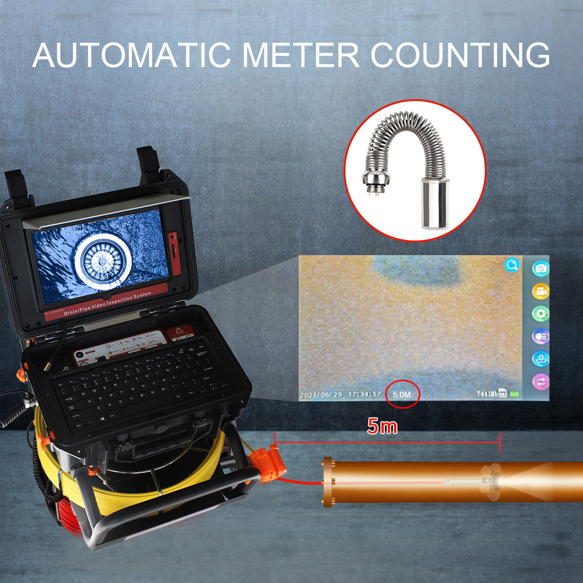 10inch 50m 512hz sonde Touch Screen Sewer Camera with Self-leveling & Meter Counter Recorder