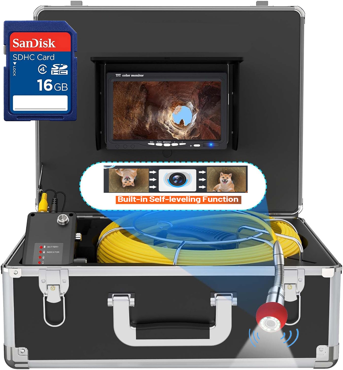 Self Leveling Sewer Inspection Camera with Locator 7“Color Monitor Drain Pipe Cameras with 512Hz Sonde and Receiver
