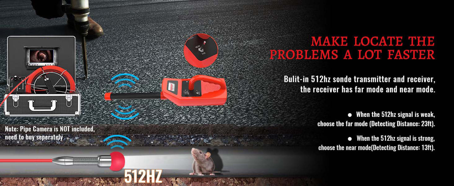 512Hz Pipe Locator Receiver and 512Hz Sonde Transmitter with Self Leveling for Pipe Inspection, Drain Camera Tools for DIYer or Replacement, for Pipe Inspection Camera