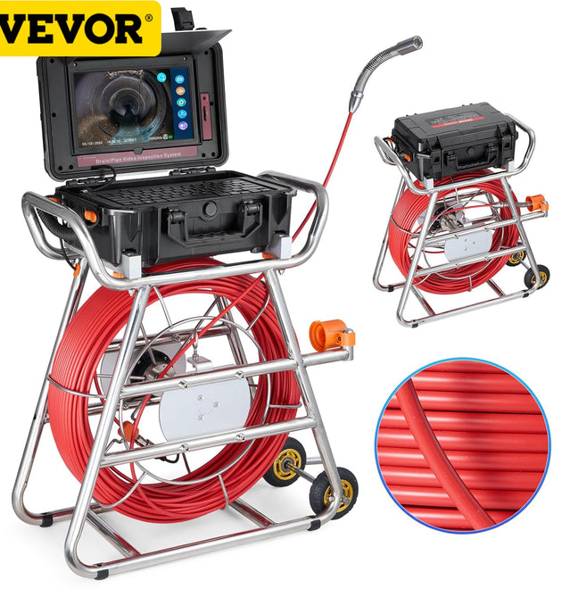 VEVOR 7mm 100m sewer camera, self-leveling drainage camera, with 10.1-inch touchscreen, 512Hz transmitter and distance counter.