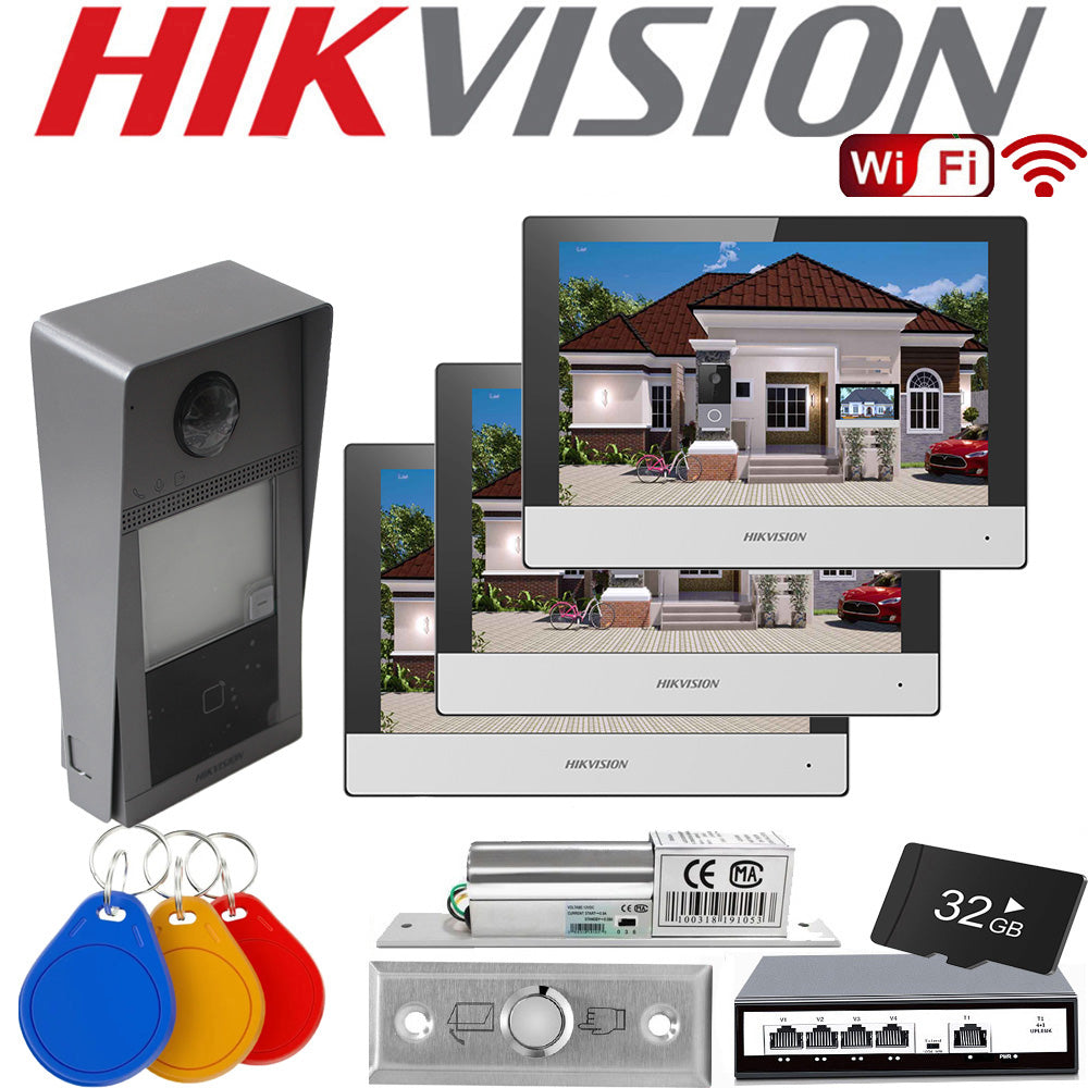 IP video intercom kit Villa KIS604-S3 Hikvision 3x LCD Monitor 7'' / Villa FHD 8-Series Door Station / Key Fob Reader / WiFi