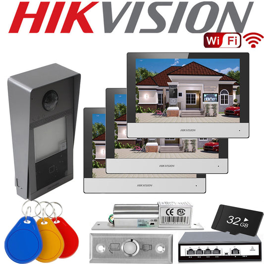 IP video intercom kit Villa KIS604-S3 Hikvision 3x LCD Monitor 7'' / Villa FHD 8-Series Door Station / Key Fob Reader / WiFi